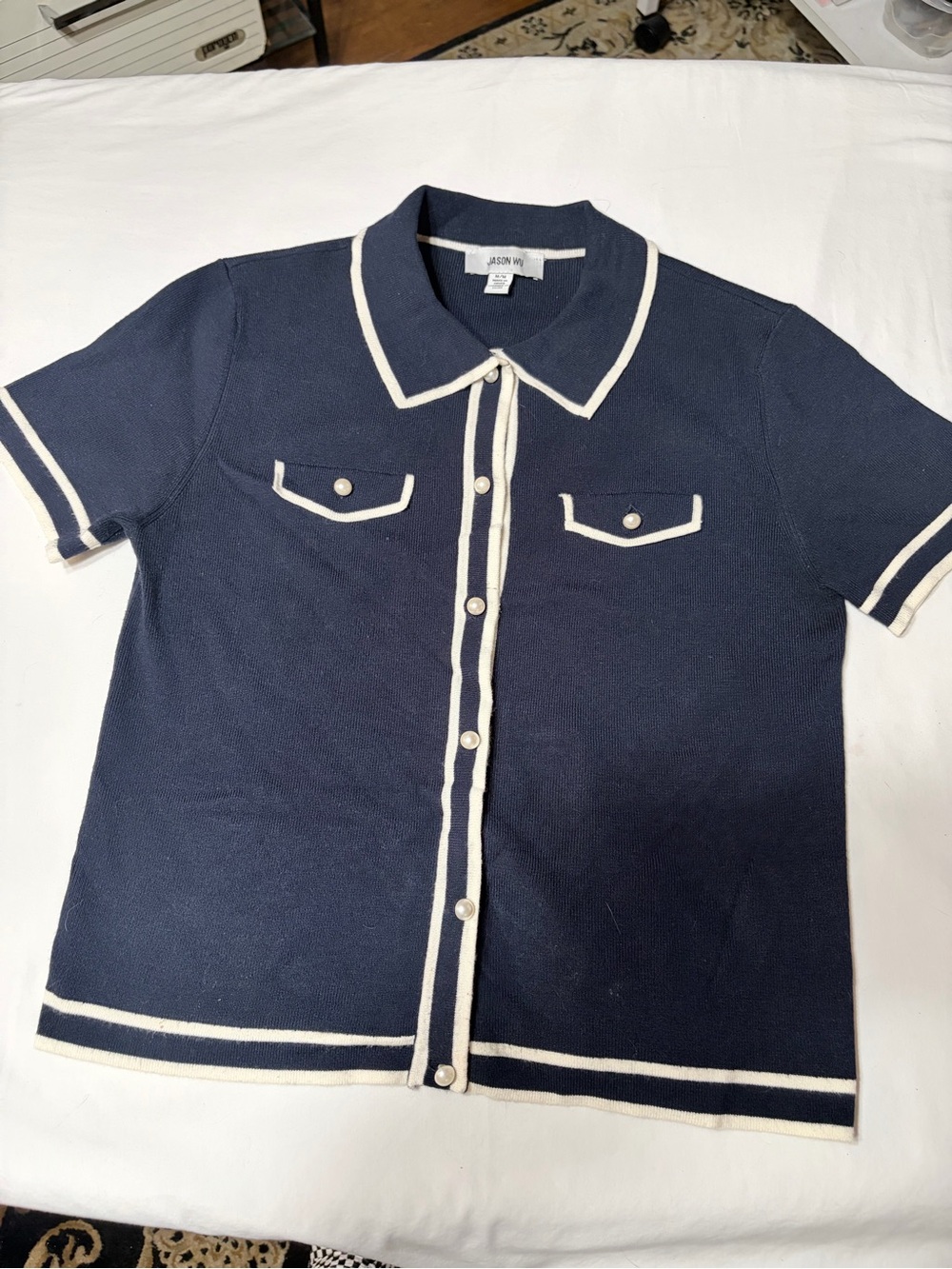 Jason Wu Navy and Ivory Short-Sleeve Knit Button-Front Shirt